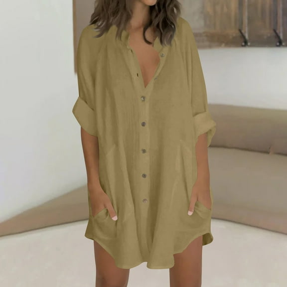 BLTIBY Womens 3/4 Sleeve Shirt Spring Fall Solid Color Single Breasted Button Blouse Fashion Lightweight Casual Loose Tops with Pockets Khaki XXL