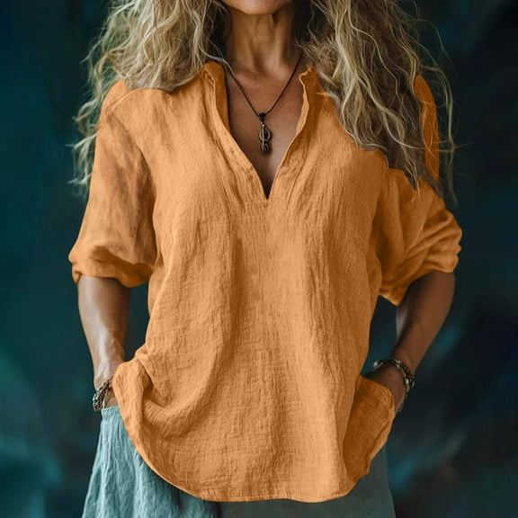BLTIBY Womens 3/4 Sleeve Shirt Spring Fall Solid Color V Neck Blouse Fashion Lightweight Casual Loose Tops Orange L