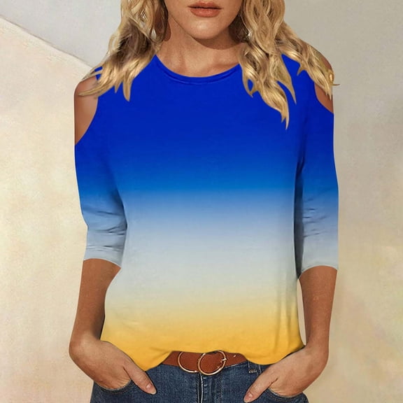BLTIBY Womens 3/4 Sleeve Shirts Fall Spring Gradient Printed Round Neck Top Comfy Casual Loose Fashion Pullover Blouse Yellow XL