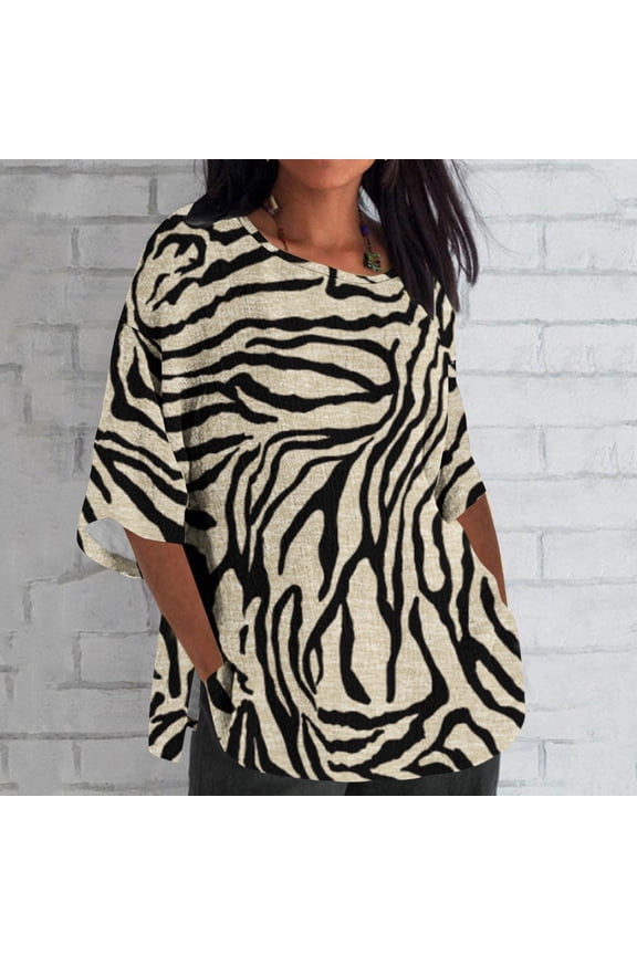 Womens 3/4 Sleeve Shirts Fall Spring Printed Round Neck Split Top Fashion Comfy Casual Pullover Blouse Brown 5XL