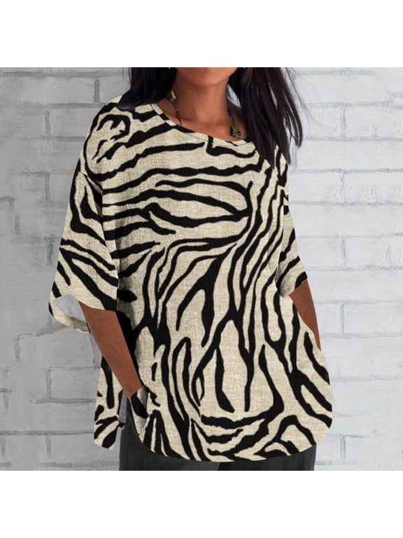 Womens 3/4 Sleeve Shirts Fall Spring Printed Round Neck Split Top Fashion Comfy Casual Pullover Blouse Brown 5XL