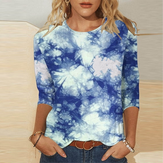 BLTIBY Womens 3/4 Sleeve Shirts Fall Spring Printed Round Neck Top Fashion Comfortable Loose Pullover Blouse Blue XL