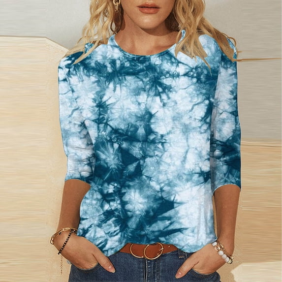 BLTIBY Womens 3/4 Sleeve Shirts Fall Spring Printed Round Neck Top Fashion Comfortable Loose Pullover Blouse Light Blue L