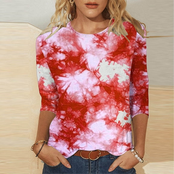 BLTIBY Womens 3/4 Sleeve Shirts Fall Spring Printed Round Neck Top Fashion Comfortable Loose Pullover Blouse Pink S