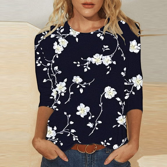 BLTIBY Womens 3/4 Sleeve Shirts Fall Spring Printed Round Neck Top Fashion Comfy Casual Pullover Blouse Multicolor XL