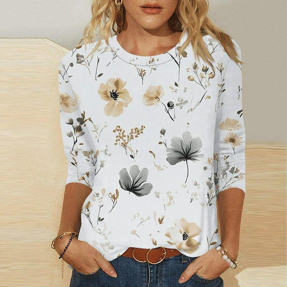 BLTIBY Womens 3/4 Sleeve Shirts Fall Spring Printed Round Neck Tops Fashion Comfortable Pullover Blouse Beige L