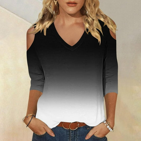 BLTIBY Womens 3/4 Sleeve Shirts Spring Fall Gradient V Neck Off Shoulder Tops Casual Loose Fashion Comfortable Pullover Blouse Gray 2 M