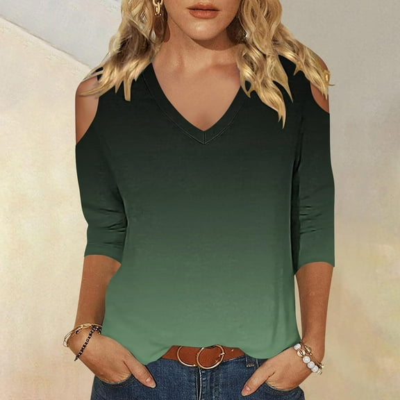 BLTIBY Womens 3/4 Sleeve Shirts Spring Fall Gradient V Neck Off Shoulder Tops Casual Loose Fashion Comfortable Pullover Blouse Green 2 XXL