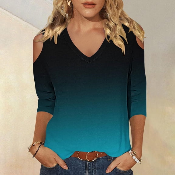 BLTIBY Womens 3/4 Sleeve Shirts Spring Fall Gradient V Neck Off Shoulder Tops Casual Loose Fashion Comfortable Pullover Blouse Sky Blue S