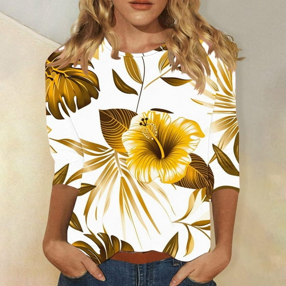 BLTIBY Womens 3/4 Sleeve Shirts Spring Fall Round Neck Printed Tops Casual Loose Fashion Comfortable Pullover Blouse Multicolor 5 M