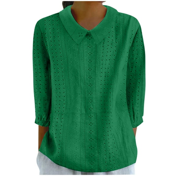 BLTIBY Womens 3/4 Sleeve Shirts Spring Fall Solid Color Round Neck Lapek Top Fashion Comfortable Pullover Blouse Green 3XL