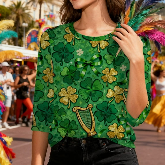 BLTIBY Womens 3/4 Sleeve T-Shirts St. Patrick's Day Crew Neck Spring Shirts Printed Top Casual Fashion Pullover Blouse Multicolor 9 S