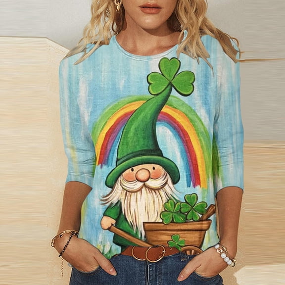 BLTIBY Womens 3/4 Sleeve T-Shirts St. Patrick's Day Round Neck Spring Shirts Printed Top Casual Fashion Pullover Blouse Multicolor 10 5XL