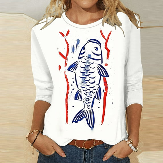 BLTIBY Womens 3/4 Sleeve Top Printed Round Neck Shirts Ladies Fashion Comfortable Casual Loose Pullover Blouse Multicolor 15 5XL