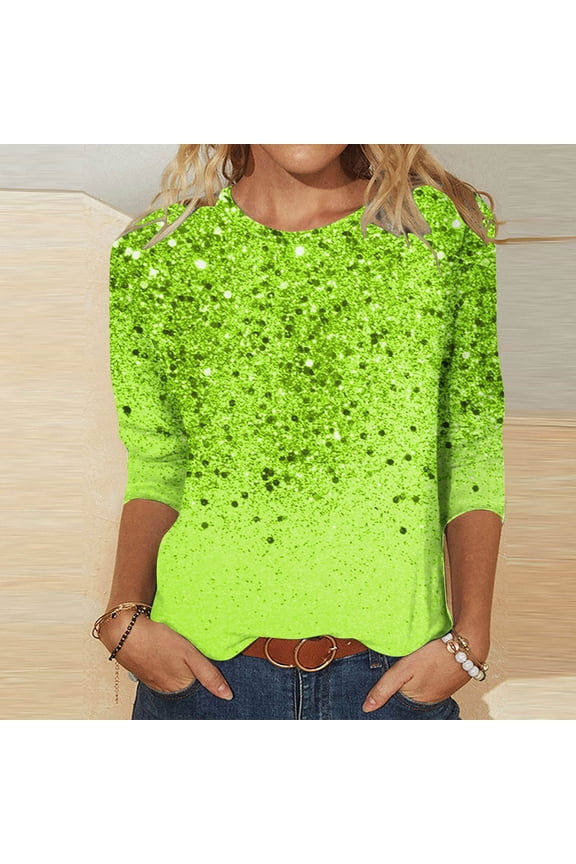 Womens 3/4 Sleeve Top Spring Fall Sequin Round Neck Loose Casual Glitter Shirts Fashion Pullover Blouse Green XL