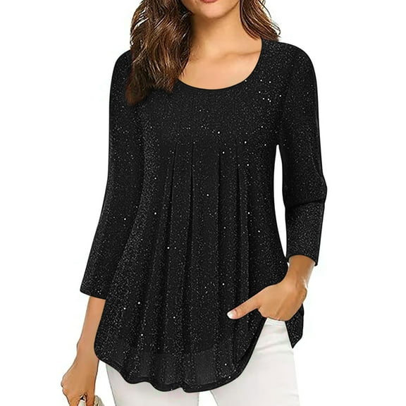 BLTIBY Womens 3/4 Sleeve Top Spring Fall Sequin Solid Color Round Neck Pleated Shirts Fashion Pullover Loose Blouse Black L
