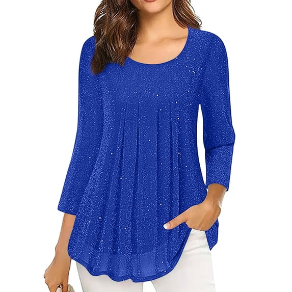 BLTIBY Womens 3/4 Sleeve Top Spring Fall Sequin Solid Color Round Neck Pleated Shirts Fashion Pullover Loose Blouse Blue XXL