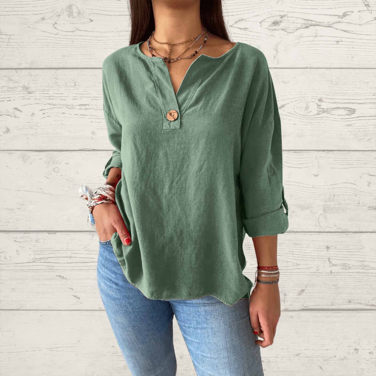 BLTIBY Womens 3/4 Sleeve Top Summer Solid Color V Neck Button Shirts ...