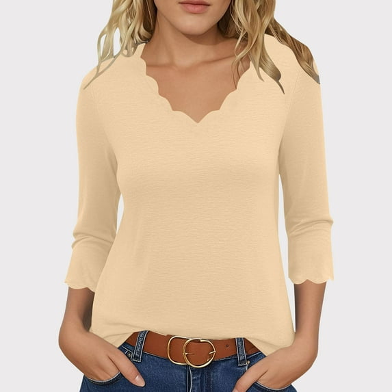 BLTIBY Womens 3/4 Sleeve Top Summer Solid Color V Neck Temperament Shirts Fashion Pullover Slim Casual Blouse Beige S