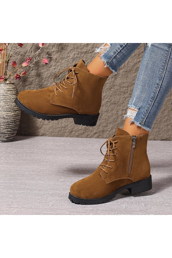 Womens Ankle Boots Fall Low Heel Flock Round Toe Lace up Boot Fashion Comfortable Side Zip Booties Yellow 42