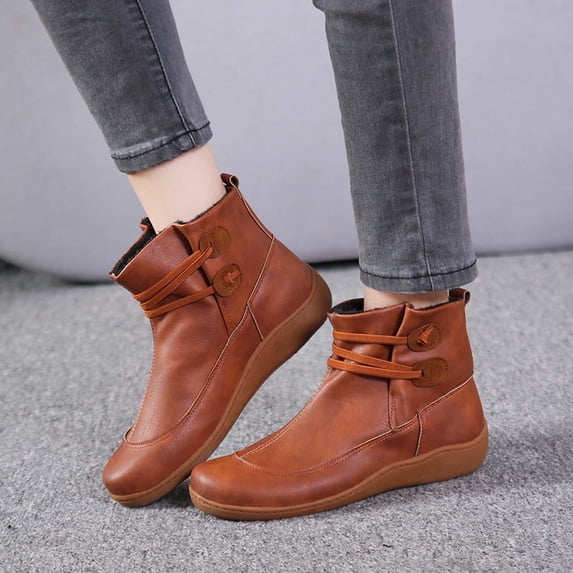 BLTIBY Womens Ankle Boots Fashion Buckle Strap Round Toe Low Wedge Heel Booties Vintage Comfortable Casual Non-slip Riding Shoes Brown 35