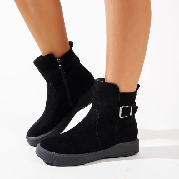 BLTIBY Womens Ankle Boots Flat Heel Flock Round Toe Buckle Boot Fashion Elegant Comfortable Booties Black 38