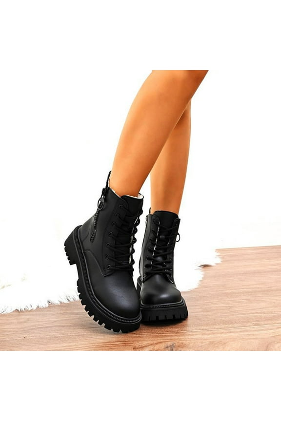 Womens Ankle Boots Gothic Lace Up Leather Chunky-hooled Fleece Thicked Boot Side Zipper Mid Calf Riding Booties Black 36