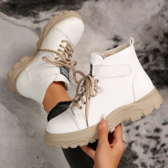 BLTIBY Womens Ankle Boots Lace Up Leather Chunky-hooled Waterproof Boot Riding Booties Stylish Thicked White 41