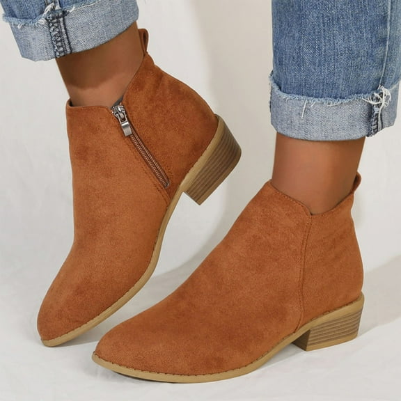 BLTIBY Womens Ankle Boots Low Heel Flock Pointed Toe Boot Elegant Fashion Western Booties with Side Zipper Brown 39