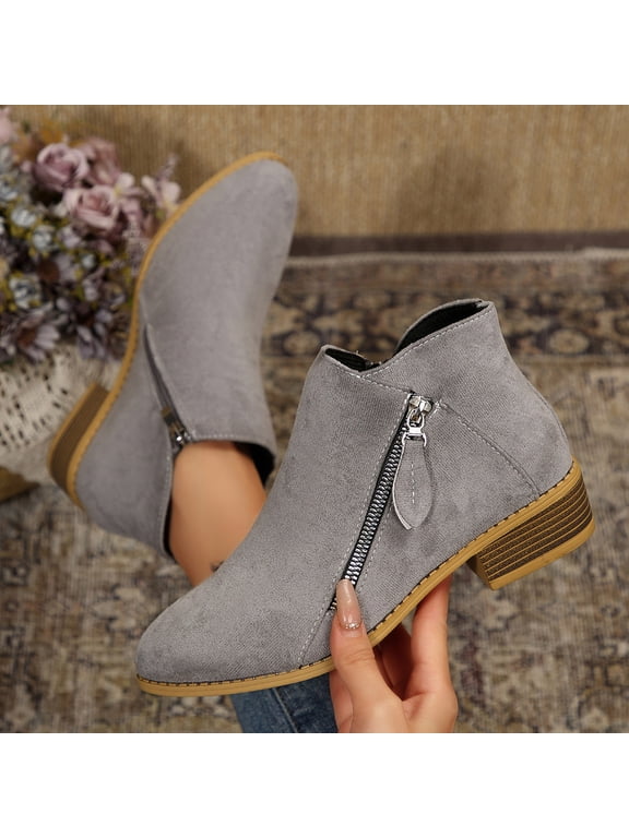 Womens Ankle Boots Low Heel Flock Versatile Boot Fashion Elegant Western Booties with Side Zipper Gray 43