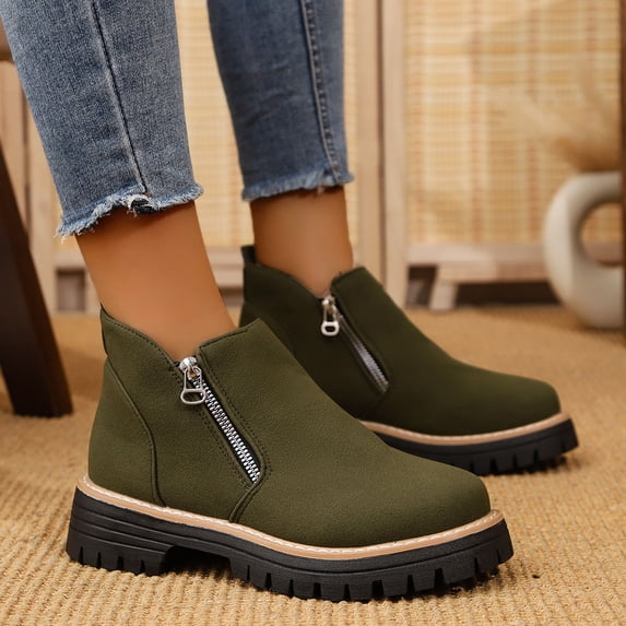 BLTIBY Womens Ankle Boots Low Heel Flock Versatile Pointed Toe Boot Fashion Elegant Western Booties with Side Double Zipper Green 40