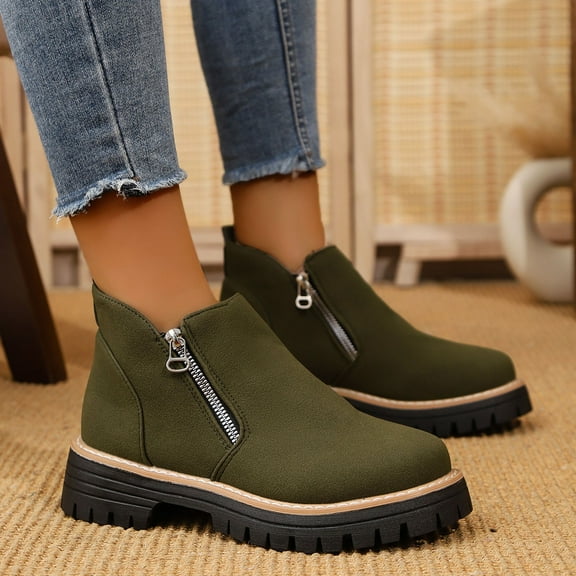BLTIBY Womens Ankle Boots Low Heel Flock Versatile Pointed Toe Boot Fashion Elegant Western Booties with Side Double Zipper Green 41