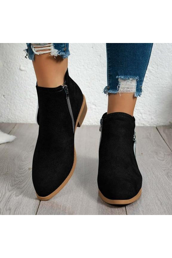 Womens Ankle Boots Low Heel Flock Versatile Pointed Toe Boot Fashion Elegant Western Booties with Side Zipper Black 42