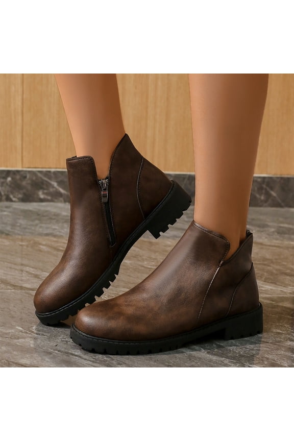 Womens Ankle Boots Low Heel Leather Versatile Round Toe Boot Fashion Elegant Waterproof Booties Brown 36