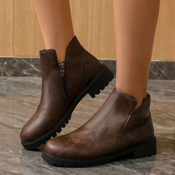 BLTIBY Womens Ankle Boots Low Heel Leather Versatile Round Toe Boot Fashion Elegant Waterproof Booties Brown 43