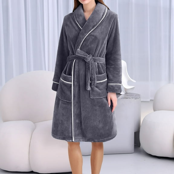 BLTIBY Womens Bathrobe Soft Kimono Robes with Belt Terry Cloth Bathrobe Knee Length Bath Gown Solid Color Warm Home Clothes with Pockets Gray M