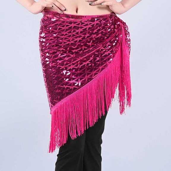 BLTIBY Womens Belly Dance Skirt Fringe Skirts Sparkly Sequin Hip Scarf Party Carnival Costume Rave Festival Outfits Hot Pink Free Size