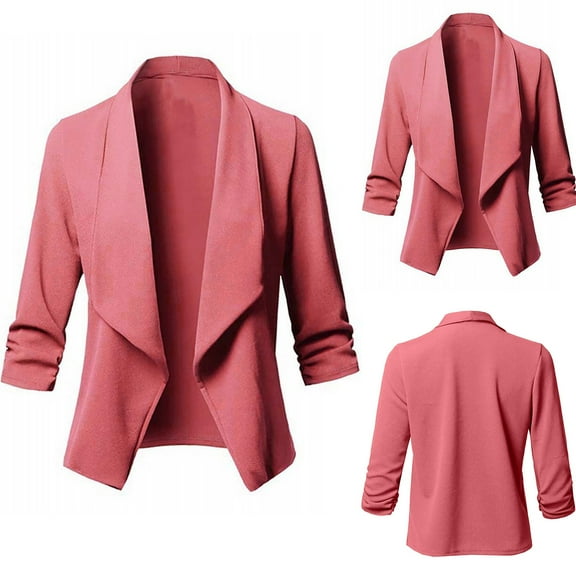 BLTIBY Womens Blazer Fall Winter Solid Color Casual Cardigan Coat Long Sleeve Open Front Blazers Jacket Lightweight Business Work Suits Pink L