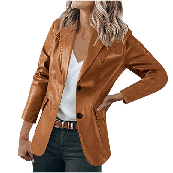 BLTIBY Womens Blazer Winter Fall Leather Casual Button Cardigan Coat Long Sleeve Open Front Blazers Jackets Lightweight Business Work Suits Brown XXL