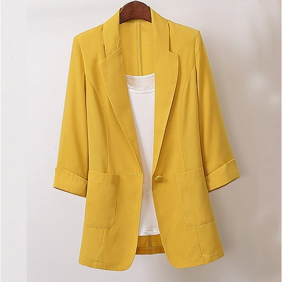 BLTIBY Womens Blazer Winter Fall Solid Color Casual Button Cardigan Coat Long Sleeve Open Front Blazers Jackets Lightweight Business Work Suits with Pockets Yellow XXL