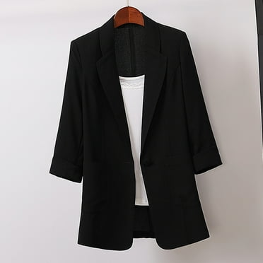 BLTIBY Womens Blazer Winter Fall Solid Color Casual Button Cardigan Coat Long Sleeve Open Front Blazers Jackets Lightweight Business Work Suits with Pockets Black L