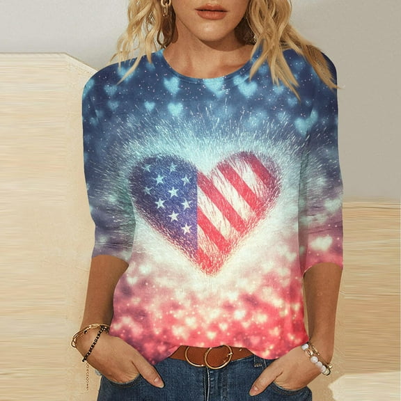 BLTIBY Womens Blouse Summer 3/4 Sleeve Round Neck Independence Day Printed Shirts Loose Novelty T-Shirts Fashion Pullover Tops 2025 Red 3 M