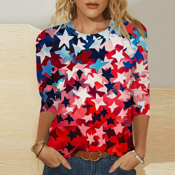 BLTIBY Womens Blouse Summer 3/4 Sleeve Round Neck Independence Day Printed Shirts Loose Novelty T-Shirts Fashion Pullover Tops 2025 Red S