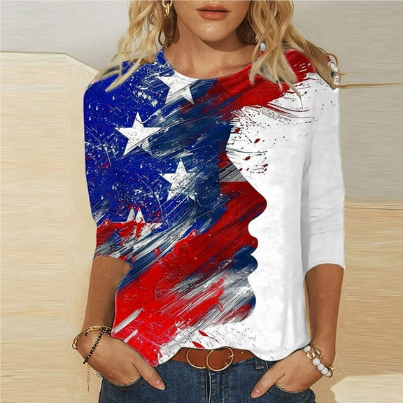 BLTIBY Womens Blouse Summer Independence Day Printed Round Neck 3/4 Sleeve Shirts Loose Novelty T-Shirts Fashion Pullover Tops 2025 Multicolor 8 S