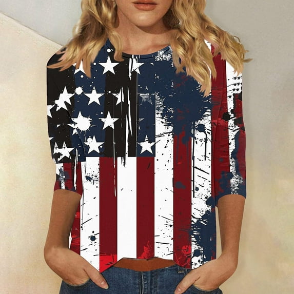 BLTIBY Womens Blouse Summer Independence Day Printed Round Neck Short Sleeve Shirts Loose Novelty Graphic T-Shirts Fashion Casual Pullover Tops 2025 Multicolor 7 M
