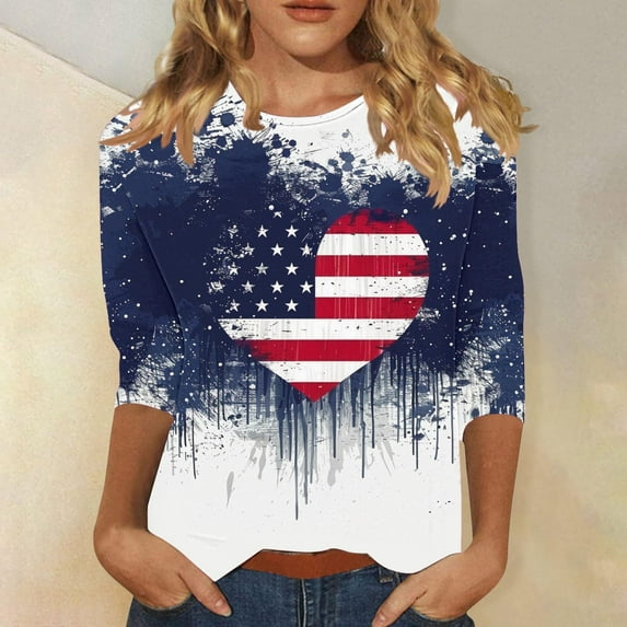 BLTIBY Womens Blouse Summer Independence Day Printed Round Neck Short Sleeve Shirts Loose Novelty Graphic T-Shirts Fashion Casual Pullover Tops 2025 Multicolor 2 L