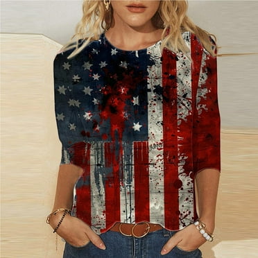 BLTIBY Womens Blouse Summer Round Neck 3/4 Sleeve Independence Day Printed Shirts Loose Novelty T-Shirts Fashion Pullover Tops 2025 Multicolor 10 5XL