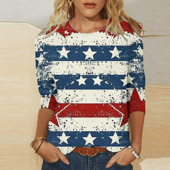 BLTIBY Womens Blouse Summer Round Neck 3/4 Sleeve Independence Day Printed Shirts Loose Novelty T-Shirts Fashion Pullover Tops 2025 Multicolor 5 L
