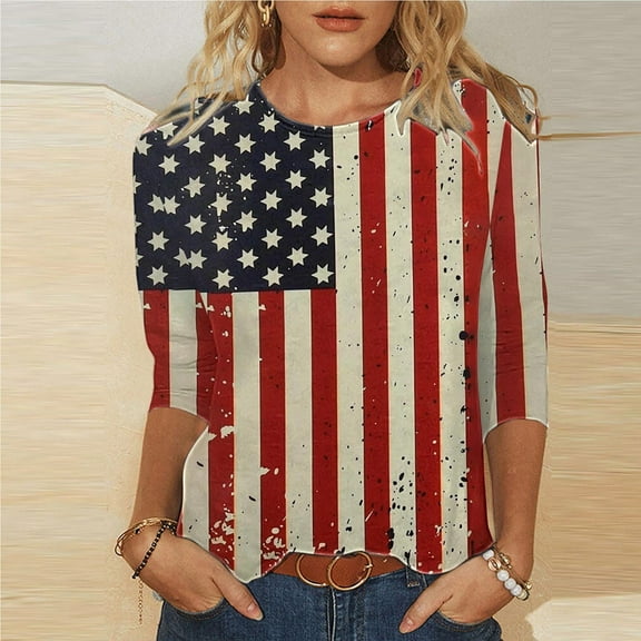 BLTIBY Womens Blouse Summer Round Neck 3/4 Sleeve Independence Day Printed Shirts Loose Novelty T-Shirts Fashion Pullover Tops 2025 Multicolor 8 5XL