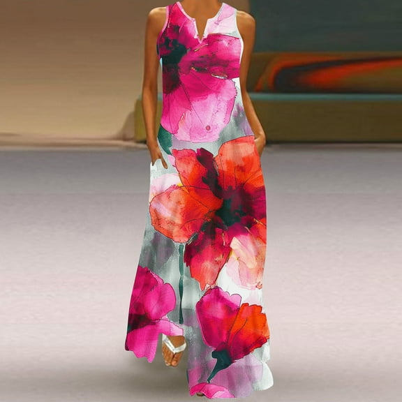 BLTIBY Womens Boho Floral Maxi Dresses Printed Flowy Long Dress Sleeveless V Neck Sun Dress Casual Trendy Outfits with Pockets Pink L